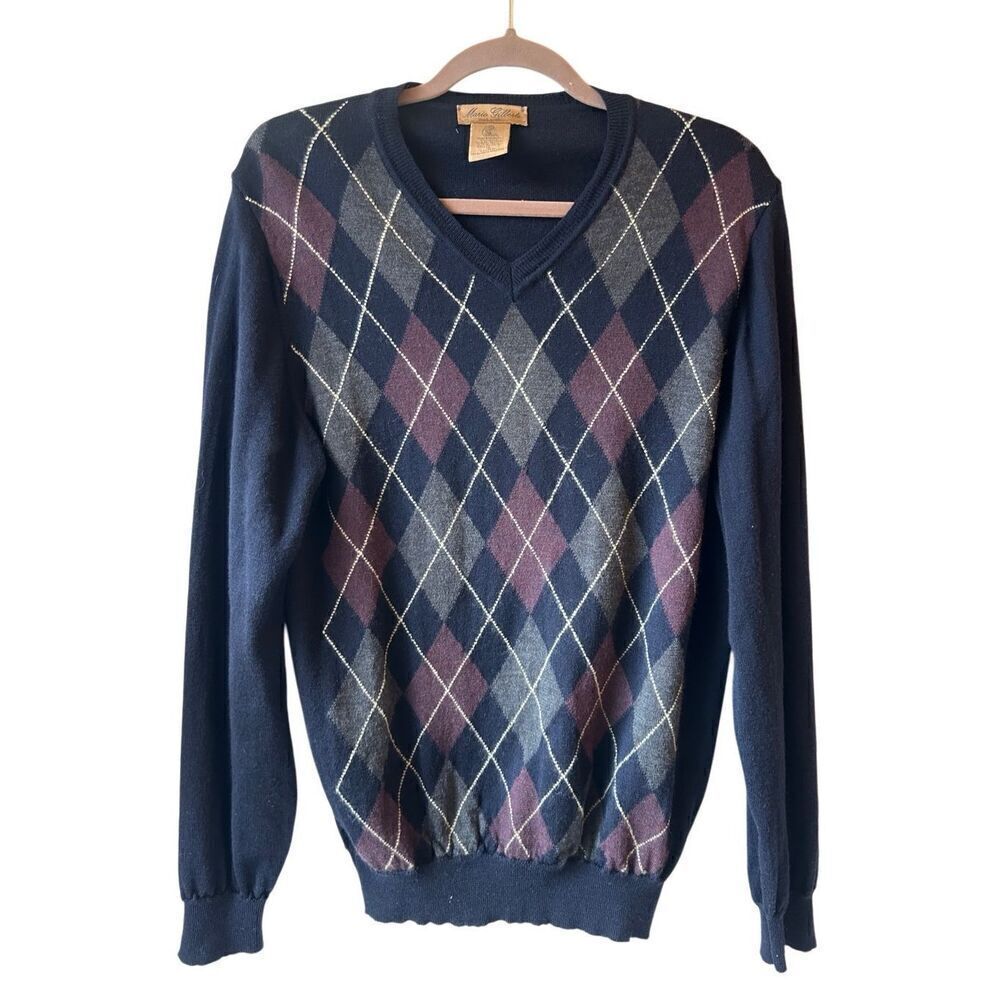Mario Gilberti Men's V-neck Argyle Sweater Pure New Wool M